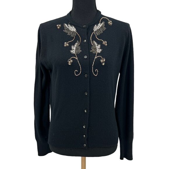 Vintage 60s Dorset Beaded Cardigan Sweater Black Orlon Knit Cropped Fit Small‎ - Picture 1 of 6